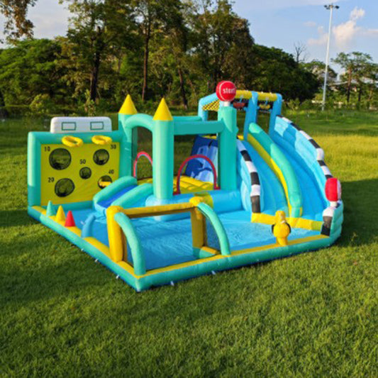 KeepFuns Blue and green contrast inflatable playground Children's slide castle sports park Outdoor parent-child interactive amusement facilities Inflatable playground with basketball and football sports