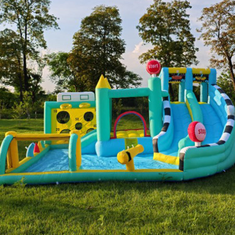 KeepFuns Blue and green contrast inflatable playground Children's slide castle sports park Outdoor parent-child interactive amusement facilities Inflatable playground with basketball and football sports