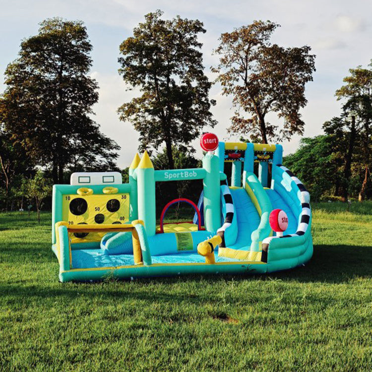 KeepFuns Blue and green contrast inflatable playground Children's slide castle sports park Outdoor parent-child interactive amusement facilities Inflatable playground with basketball and football sports