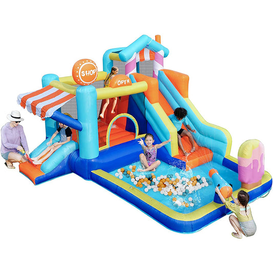 KeepFuns Blue and orange contrast inflatable playground, children's slide castle swimming pool, outdoor parent-child interactive water fortress, theme amusement facilities with shop