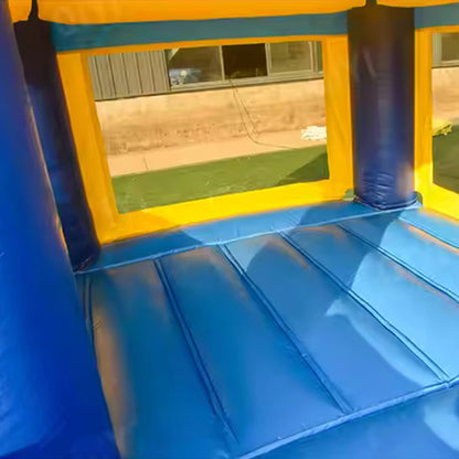 KeepFuns Blue and yellow contrast inflatable castle, children's slide trampoline park, outdoor parent-child interactive amusement facilities, castle theme inflatable amusement equipment