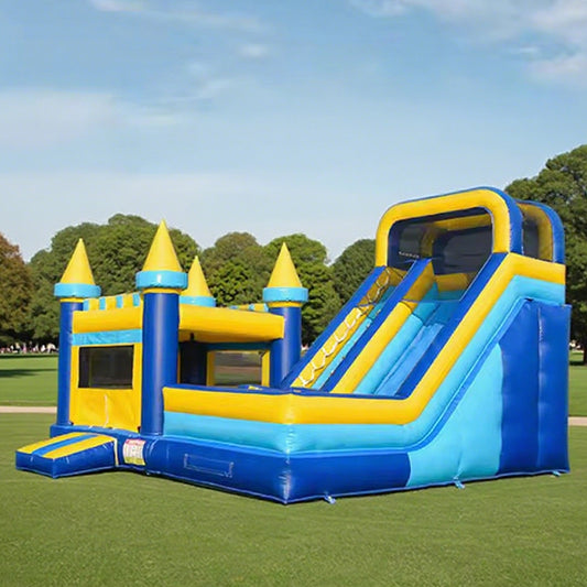 KeepFuns Blue and yellow contrast inflatable castle, children's slide trampoline park, outdoor parent-child interactive amusement facilities, castle theme inflatable amusement equipment