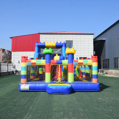 KeepFuns Building block themed inflatable playground, children's large slide trampoline facilities, outdoor parent-child interactive colorful amusement castle