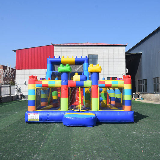 KeepFuns Building block themed inflatable playground, children's large slide trampoline facilities, outdoor parent-child interactive colorful amusement castle