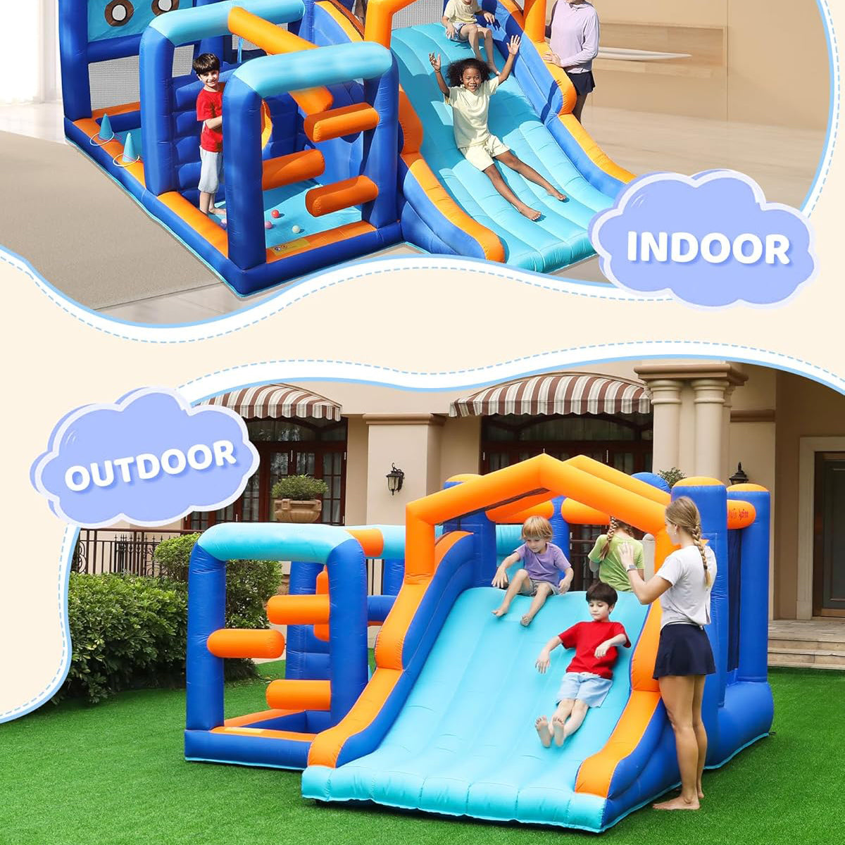 KeepFuns Children's inflatable obstacle course, outdoor slide and climbing park, parent-child interactive amusement facilities, blue and orange contrast inflatable toys