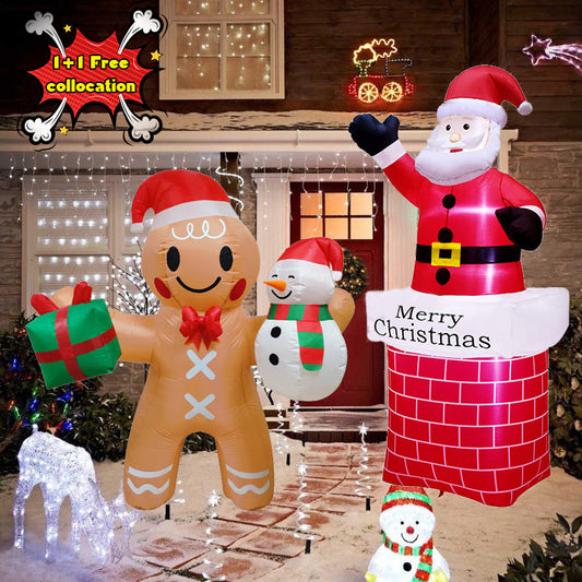 1.8m Christmas Inflatable Gingerbread Man Hold Snowman and Gift Box Lighted Blow Up Christmas Yard Decoration with Built in Fan and Anchor Ropes