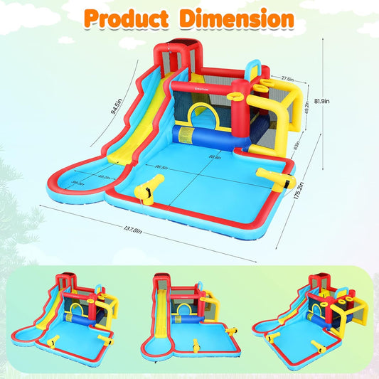 KeepFuns Colorful inflatable water park, children's slide castle combination, outdoor parent-child interactive water fort, inflatable amusement facilities with fan storage bag