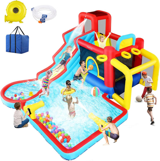 KeepFuns Colorful inflatable water park, children's slide castle combination, outdoor parent-child interactive water fort, inflatable amusement facilities with fan storage bag