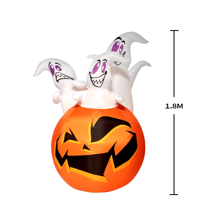 1.8M Halloween Inflatable Pumpkin Ghosts with Build-in LED Lights, Blow up Halloween Inflatable for Indoor Outdoor Party Garden Lawn Holiday Decor (Three Ghosts with Pumpkin)