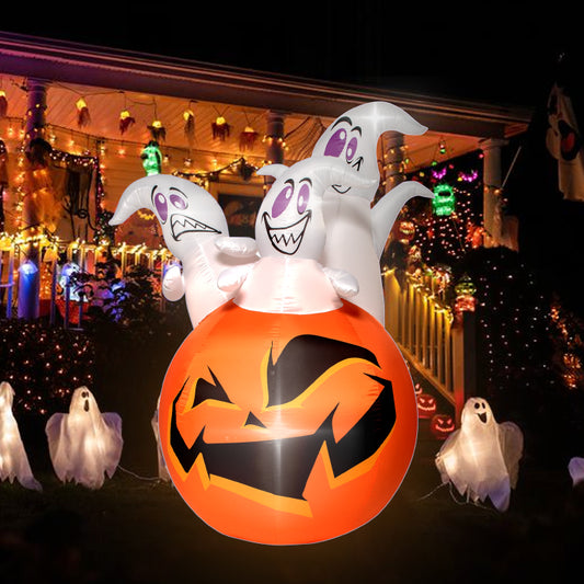 1.8M Halloween Inflatable Pumpkin Ghosts with Build-in LED Lights, Blow up Halloween Inflatable for Indoor Outdoor Party Garden Lawn Holiday Decor (Three Ghosts with Pumpkin)