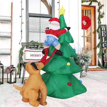 1.8M Inflatable Dog Bite Santa Tree, LED Lights Blow Up Decorations for Yard Lawn Garden