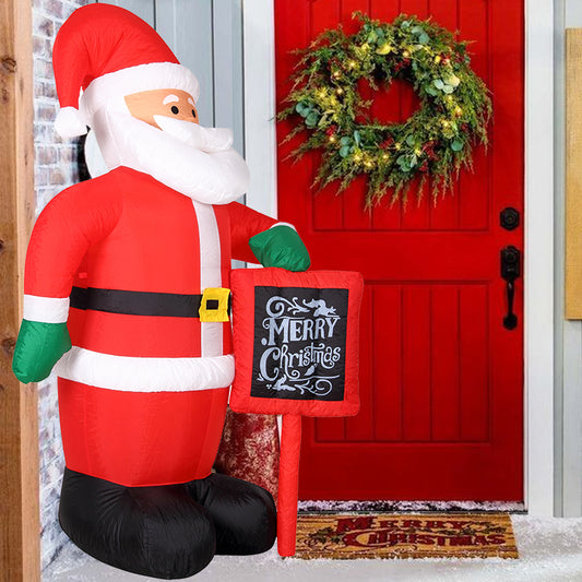 1.74m Inflatable Hand Waving Santa Clause with North Pole Sign Board Pre Lit Mains Powered White LED Lights