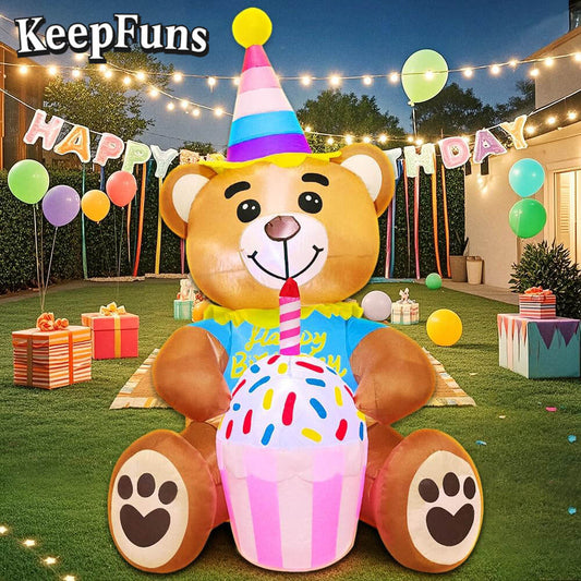 KeepFuns Birthday Bear Inflatable Decoration - Outdoor Patio Birthday Party Inflatable Model