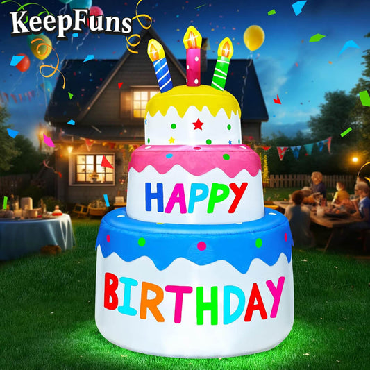 KeepFuns Three-Tier Birthday Cake Inflatable Decoration - Outdoor Patio Birthday Party Inflatable Model
