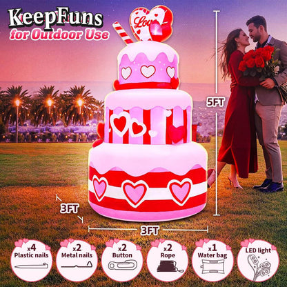 KeepFuns Three-Tier Love Birthday Cake Inflatable Decoration - Outdoor Garden Birthday Party Inflatable Model