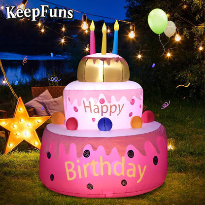 KeepFuns Three-Tier Birthday Cake Inflatable Decoration - Outdoor Patio Birthday Party Inflatable Model