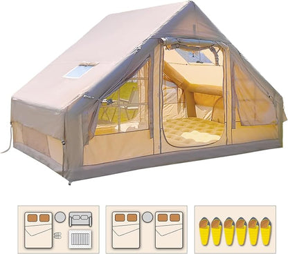 KeepFuns Khaki inflatable tent, convection ventilation camping tent, panoramic view outdoor camping rain and sun protection camp tent