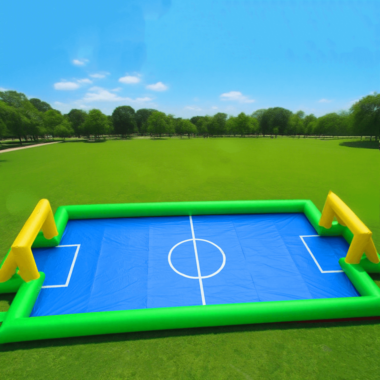 KeepFuns Large inflatable football field, children's outdoor football park, green and blue contrasting parent-child interactive sports facilities