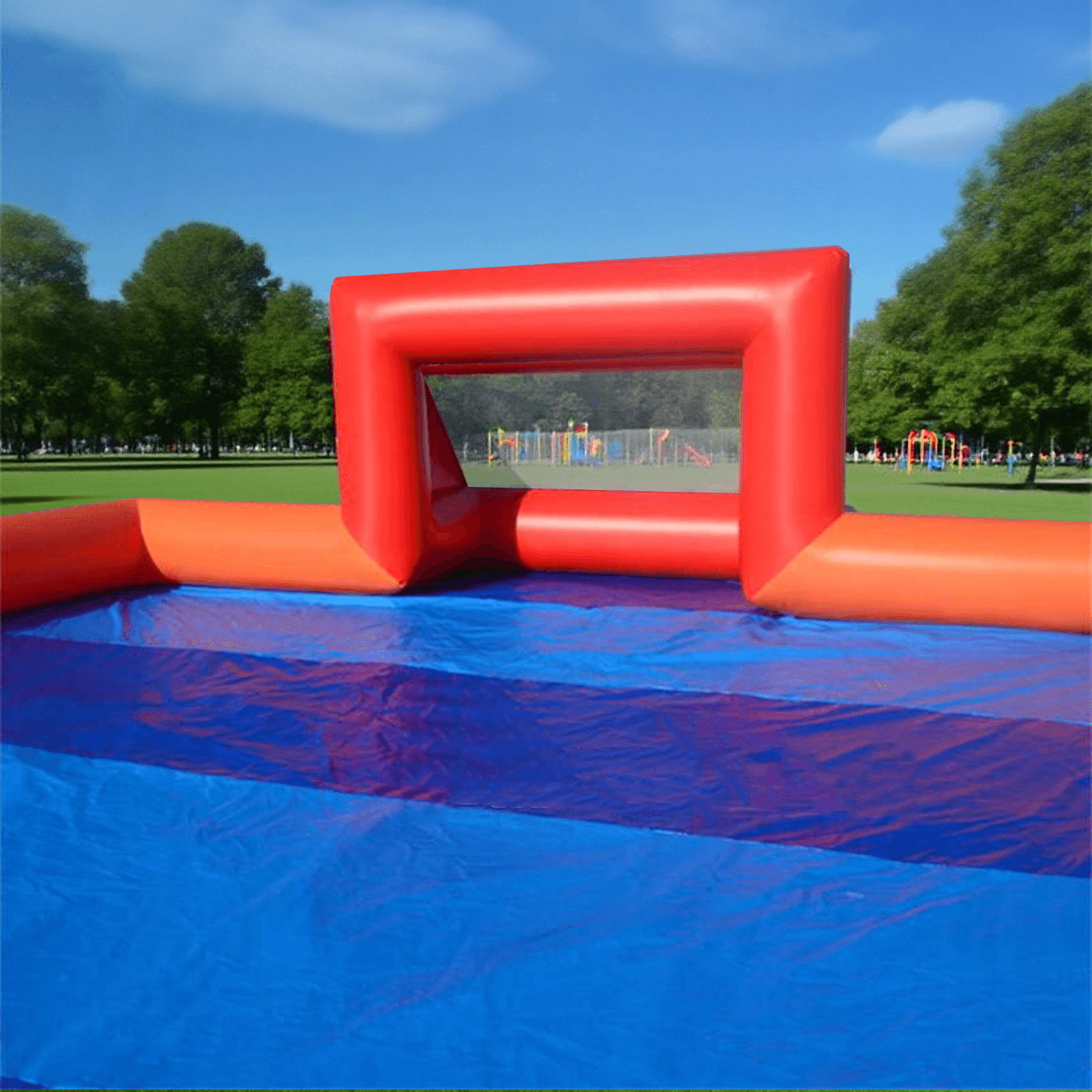 KeepFuns Outdoor inflatable football field, orange and blue contrasting children's football park, parent-child interactive sports and competition facilities