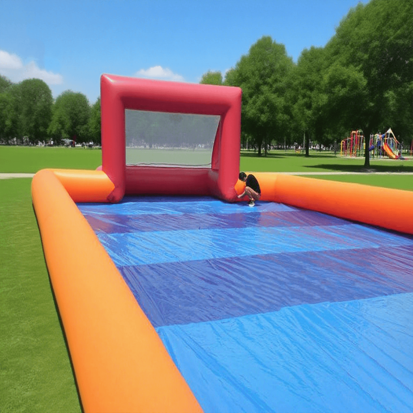 KeepFuns Outdoor inflatable football field, orange and blue contrasting children's football park, parent-child interactive sports and competition facilities