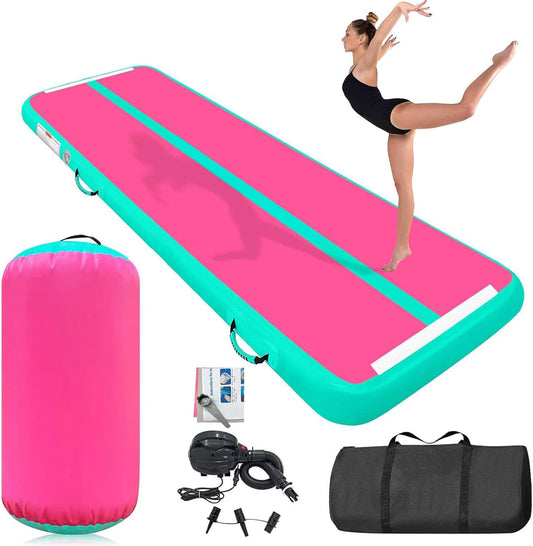 KeepFuns Pink and green contrast inflatable gymnastics mat Children's dance training mat Adult fitness yoga mat Portable folding exercise mat