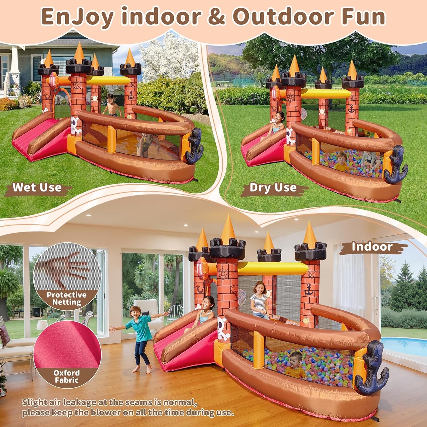 KeepFuns Pirate ship theme inflatable castle Children's slide ball pool trampoline park Outdoor parent-child interactive amusement facilities Ocean ball inflatable toy with fan
