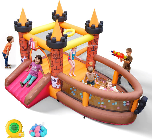 KeepFuns Pirate ship theme inflatable castle Children's slide ball pool trampoline park Outdoor parent-child interactive amusement facilities Ocean ball inflatable toy with fan