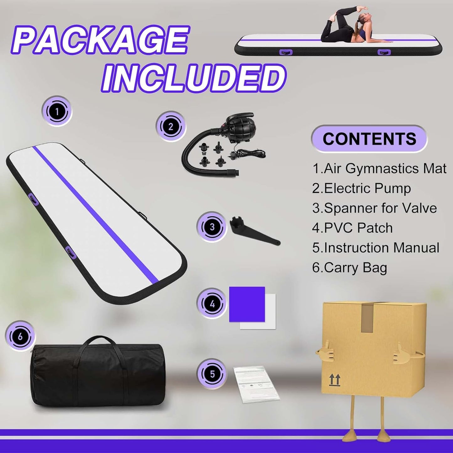 KeepFuns Professional inflatable gymnastics mat purple and white color matching children's dance training mat portable folding home fitness mat