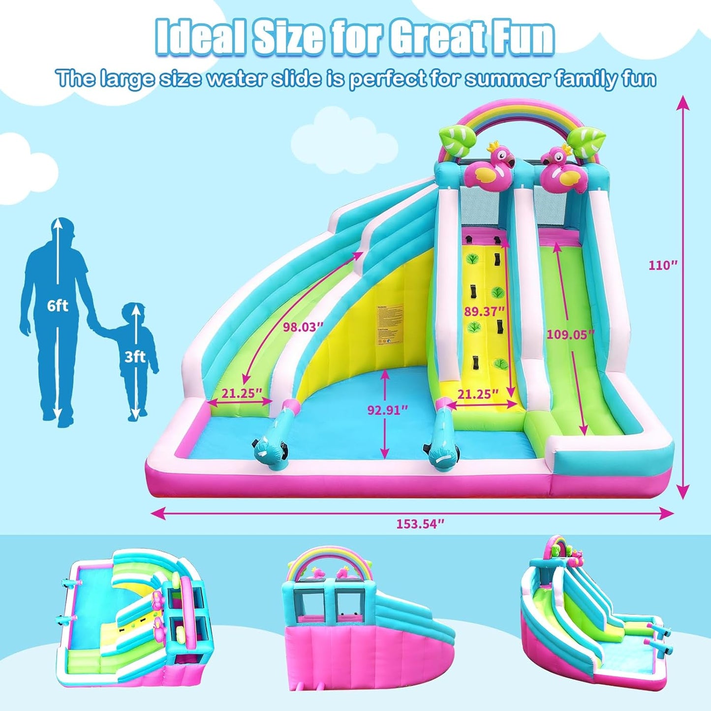 KeepFuns Rainbow Flamingo Inflatable Water Park Children's Double Slide Water Castle Outdoor Parent-Child Interactive Water Castle Large Inflatable Amusement Facility with Fan