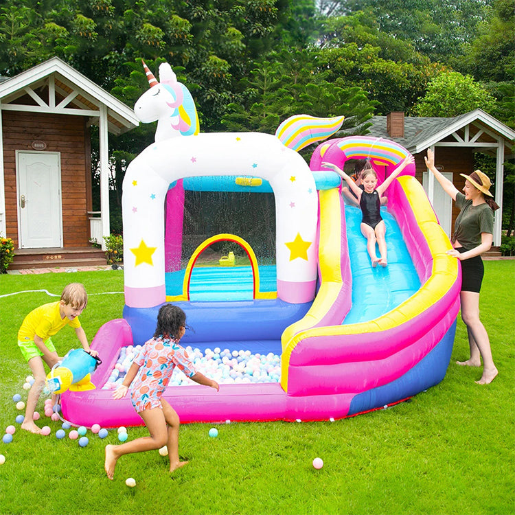 KeepFuns Unicorn theme inflatable water park, children's slide, ball pool, water castle, outdoor parent-child interactive amusement facilities, inflatable park with spray rainbow