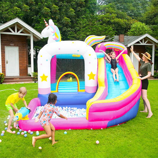 KeepFuns Unicorn theme inflatable water park, children's slide, ball pool, water castle, outdoor parent-child interactive amusement facilities, inflatable park with spray rainbow
