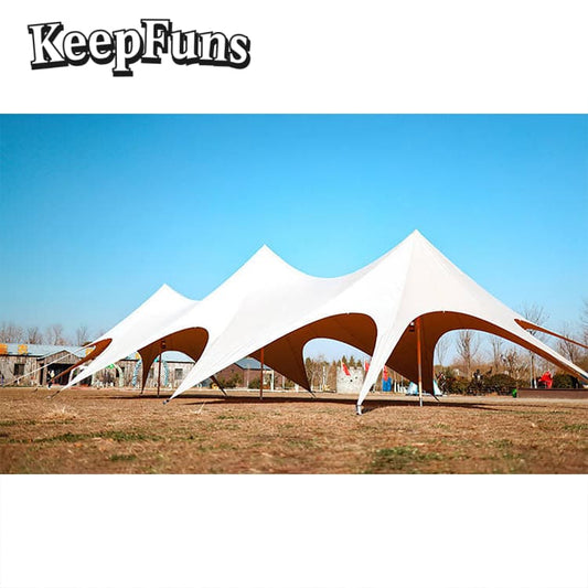 KeepFuns Flying Tent, with customizable size, color and printed content, is easy to set up and lightweight, suitable for events such as wedding parties and outdoor dinners.