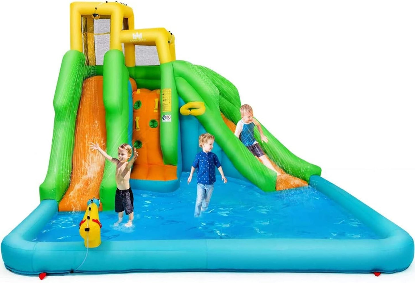 KeepFuns Yellow, green and blue contrasting inflatable water park, children's double slide water castle, outdoor parent-child interactive water fortress, with spray water gun amusement facilities