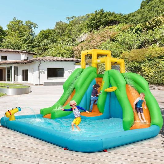 KeepFuns Yellow, green and blue contrasting inflatable water park, children's double slide water castle, outdoor parent-child interactive water fortress, with spray water gun amusement facilities