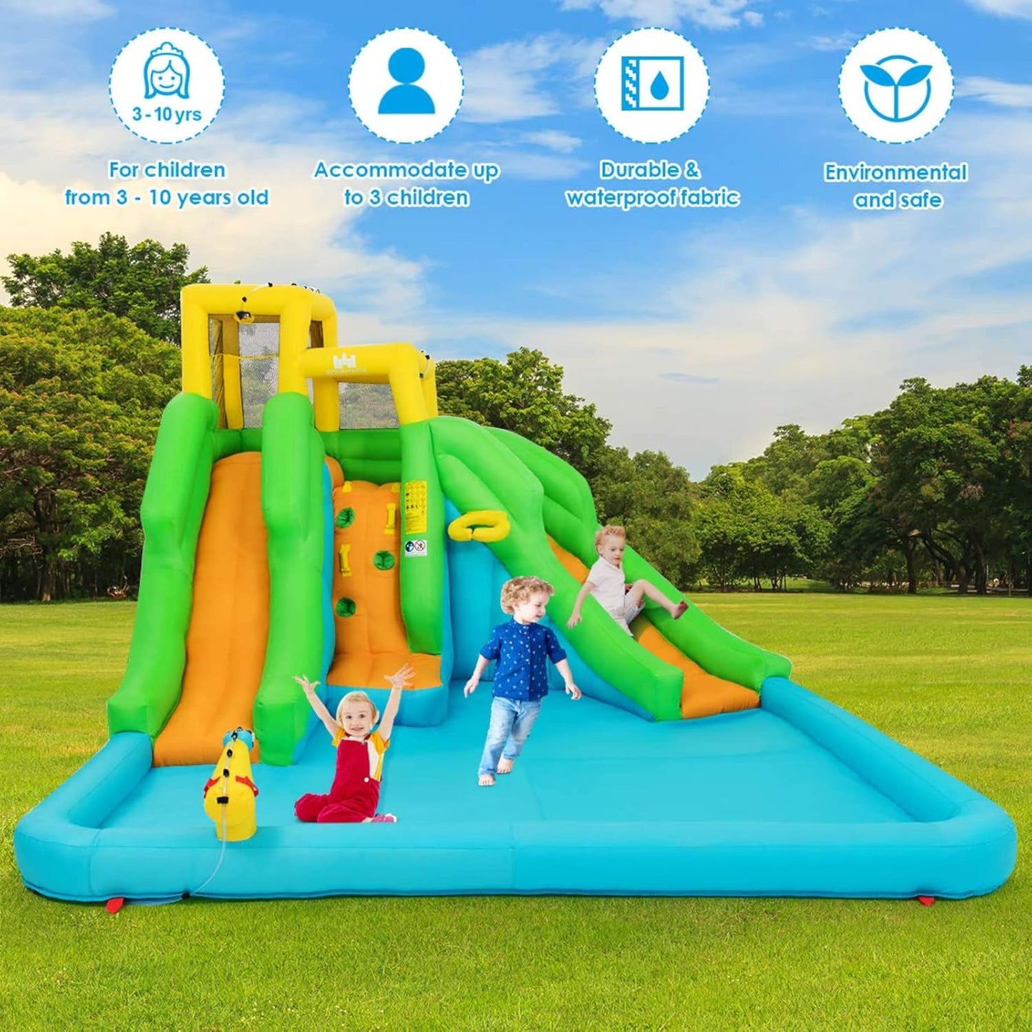 KeepFuns Yellow, green and blue contrasting inflatable water park, children's double slide water castle, outdoor parent-child interactive water fortress, with spray water gun amusement facilities